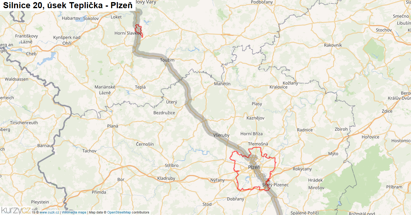 Úsek Teplička - Plzeň, Silnice 20 - Mapa