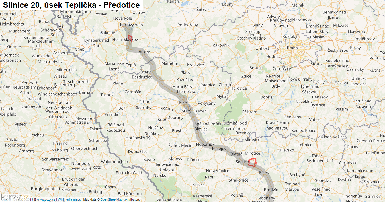Úsek Teplička - Předotice, Silnice 20 - Mapa