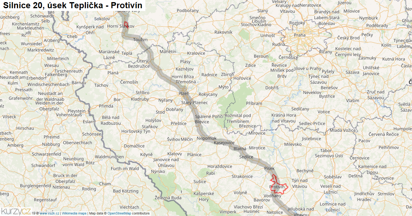 Úsek Teplička - Protivín, Silnice 20 - Mapa