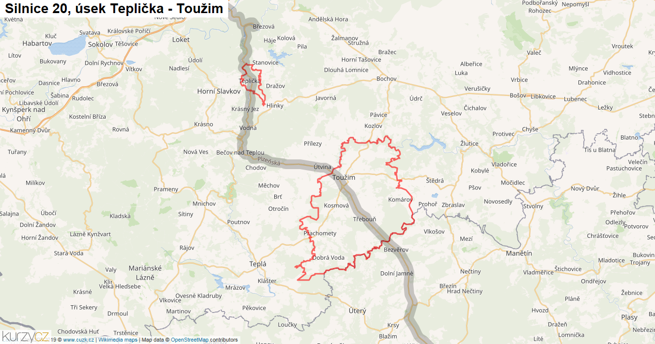 Úsek Teplička - Toužim, Silnice 20 - Mapa