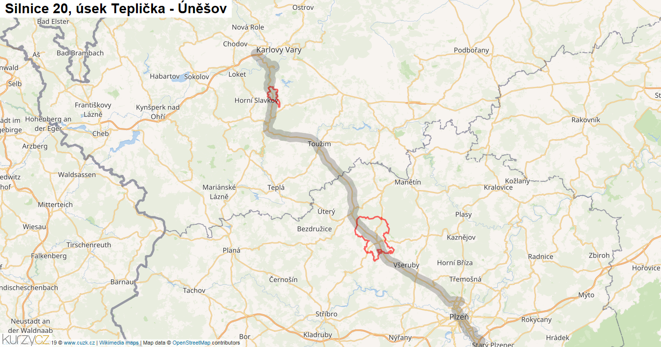 Úsek Teplička - Úněšov, Silnice 20 - Mapa