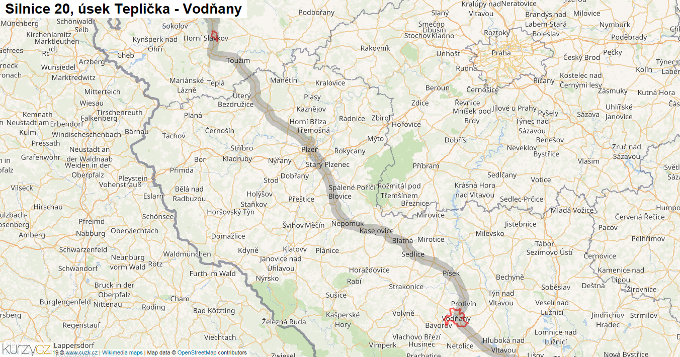 Úsek Teplička - Vodňany, Silnice 20 - Mapa