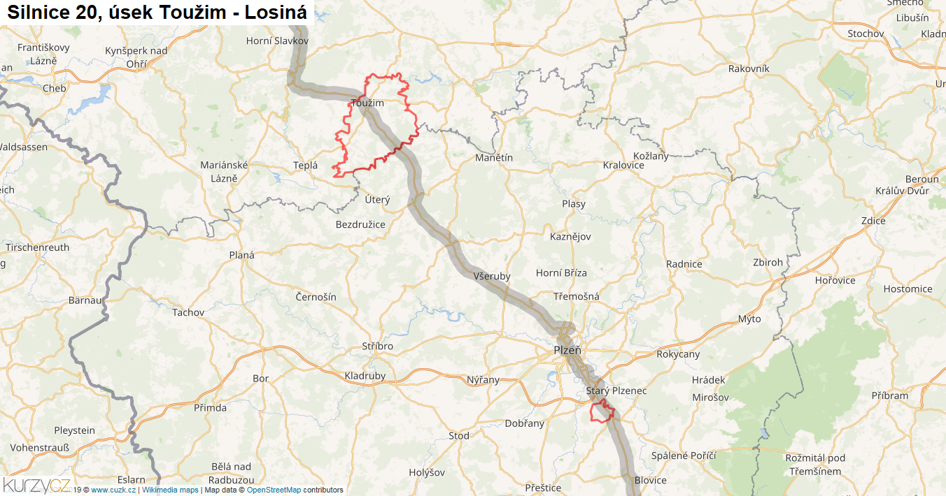 Úsek Toužim - Losiná, Silnice 20 - Mapa
