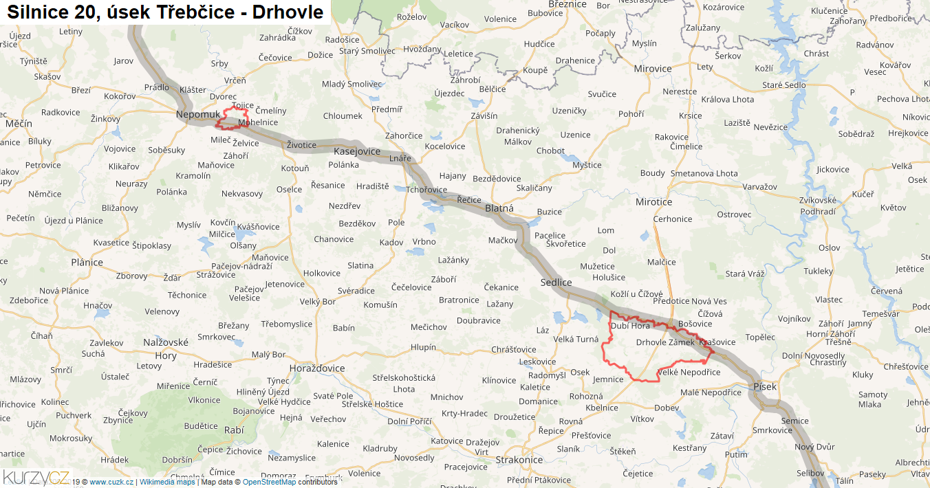 Úsek Třebčice - Drhovle, Silnice 20 - Mapa