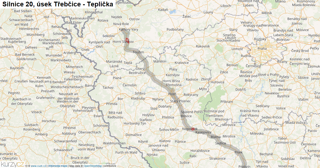 Úsek Třebčice - Teplička, Silnice 20 - Mapa