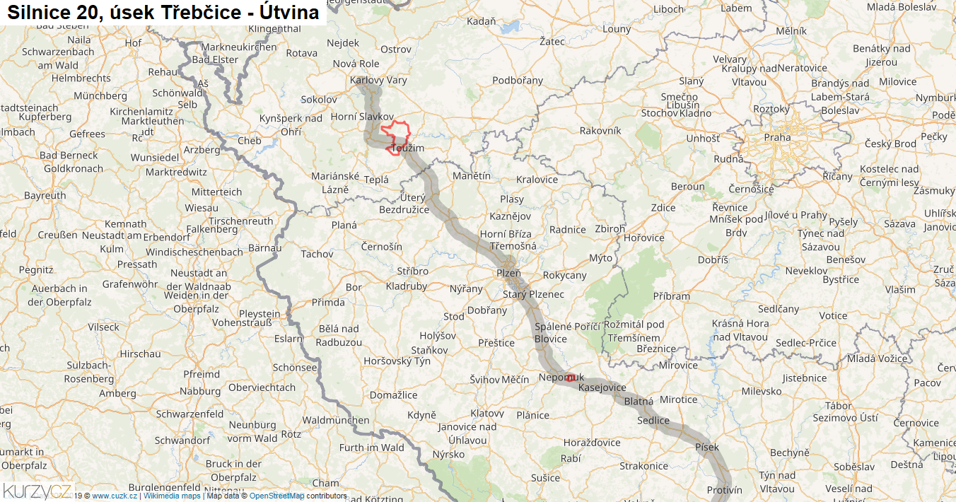 Úsek Třebčice - Útvina, Silnice 20 - Mapa