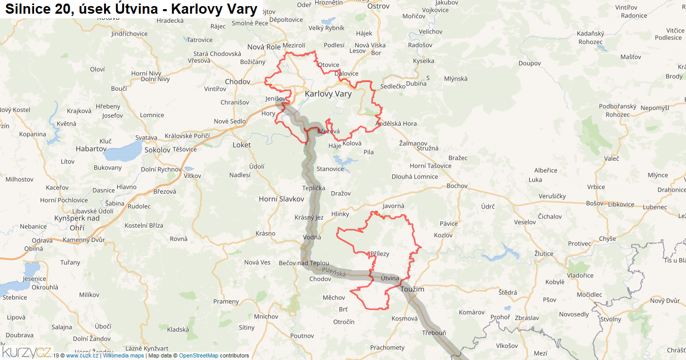 Úsek Útvina - Karlovy Vary, Silnice 20 - Mapa