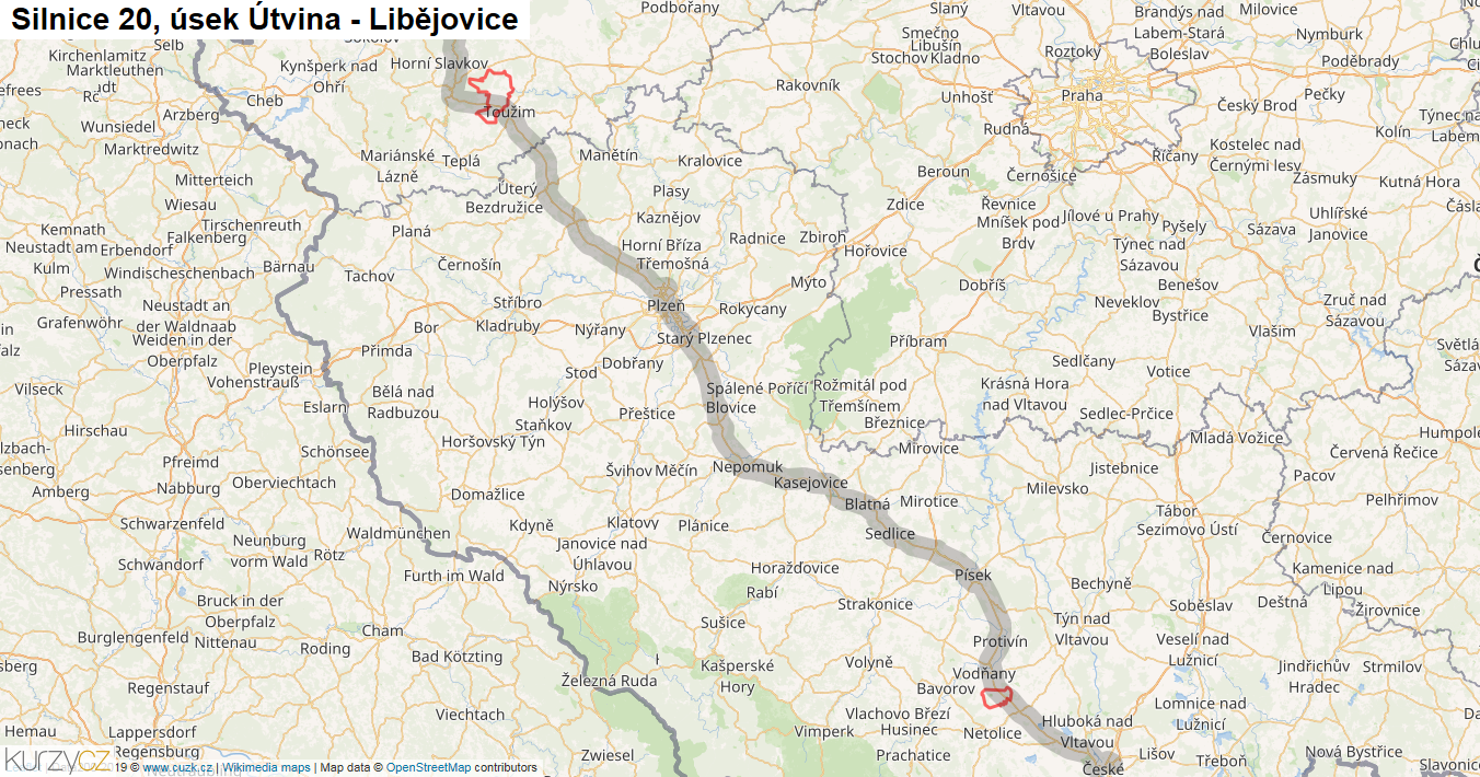 Úsek Útvina - Libějovice, Silnice 20 - Mapa