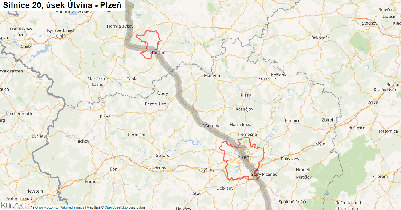 Úsek Útvina - Plzeň, Silnice 20 - Mapa