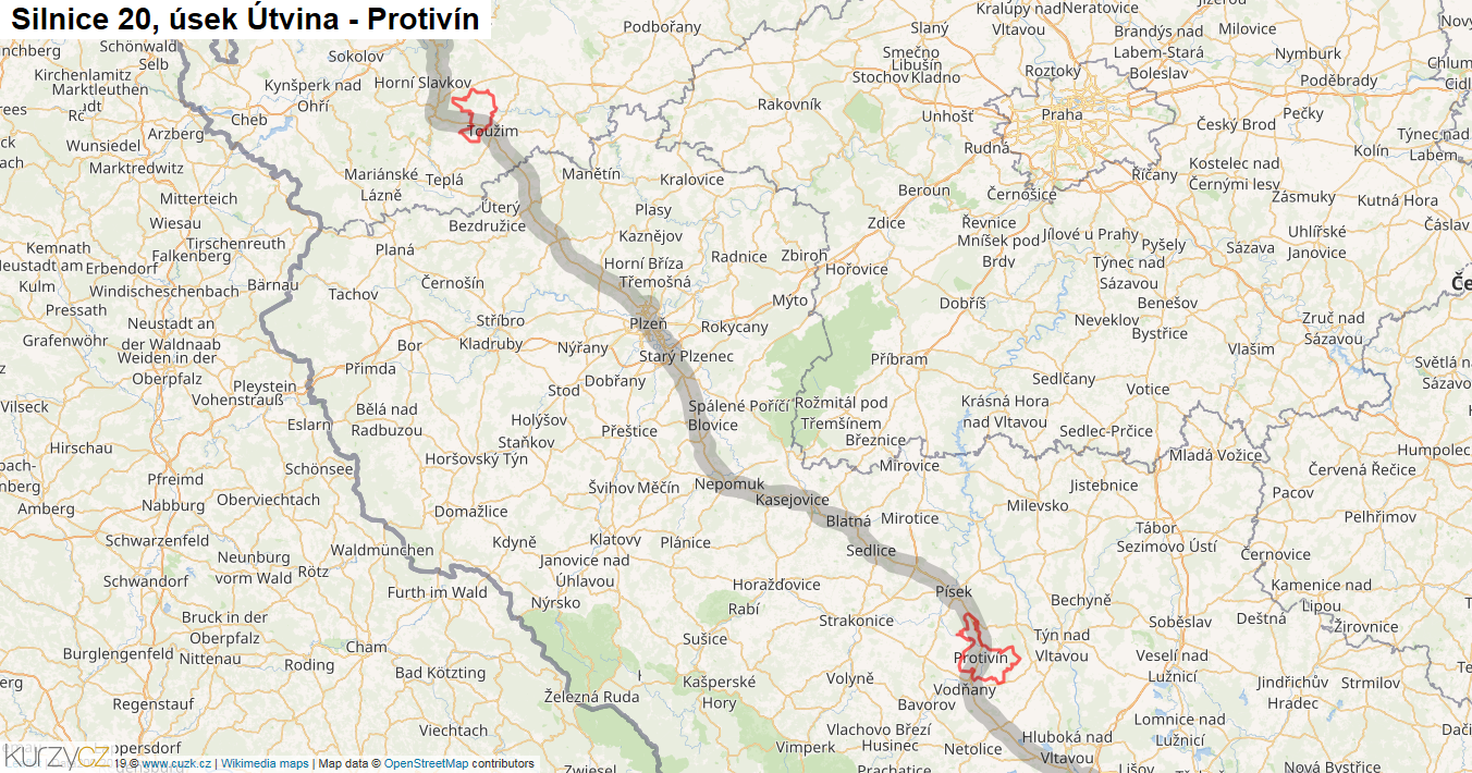 Úsek Útvina - Protivín, Silnice 20 - Mapa