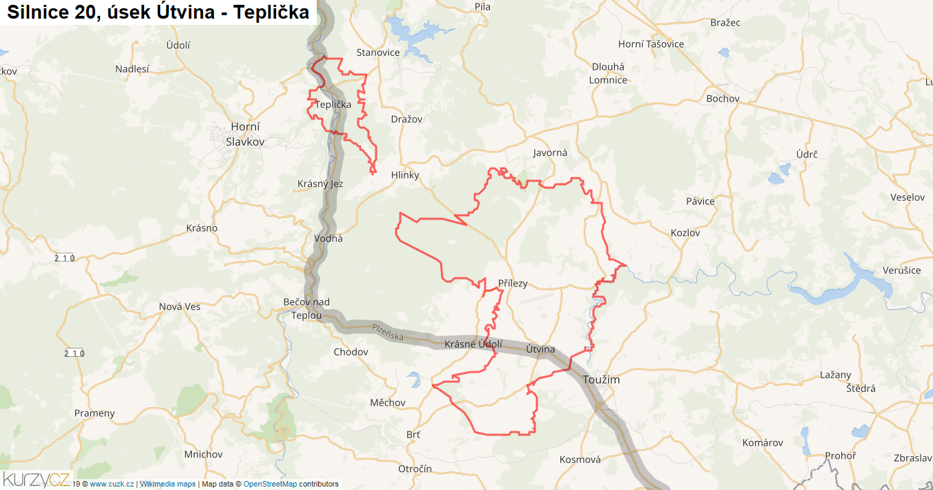 Úsek Útvina - Teplička, Silnice 20 - Mapa