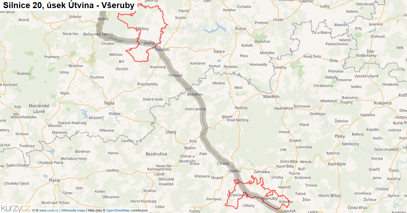 Úsek Útvina - Všeruby, Silnice 20 - Mapa