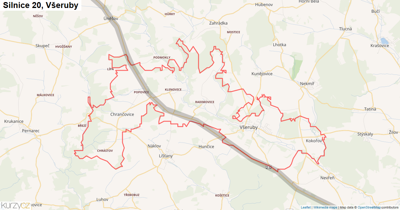 Všeruby, Silnice 20 - Mapa