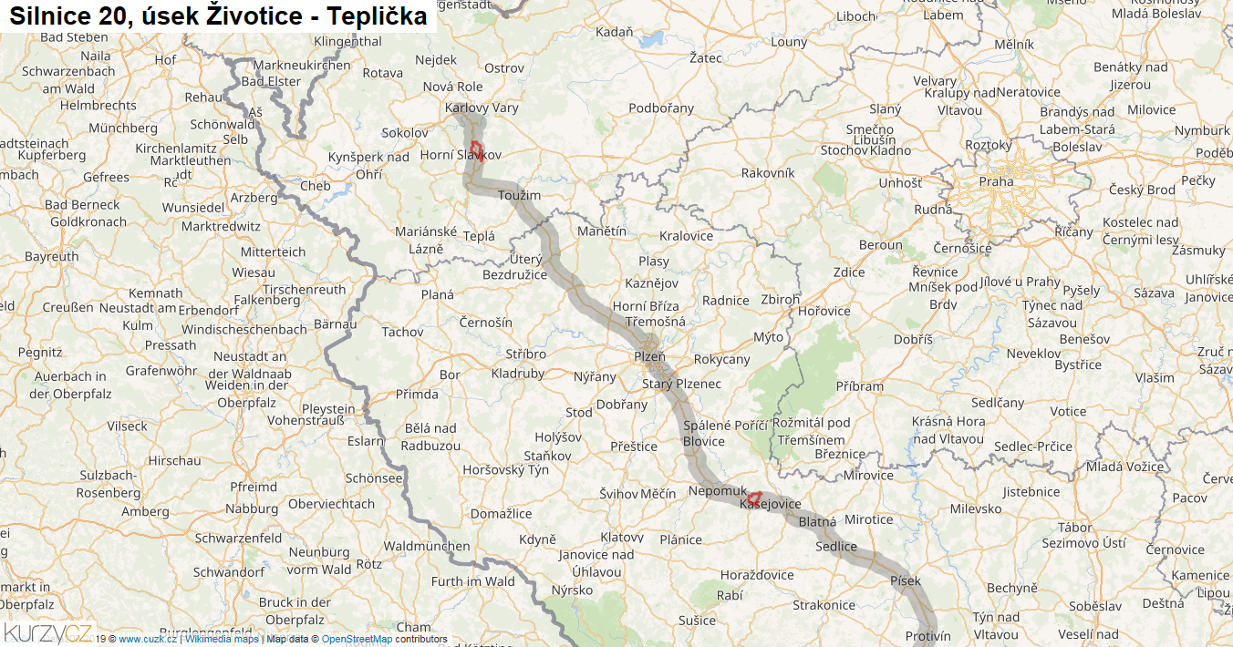 Úsek Životice - Teplička, Silnice 20 - Mapa