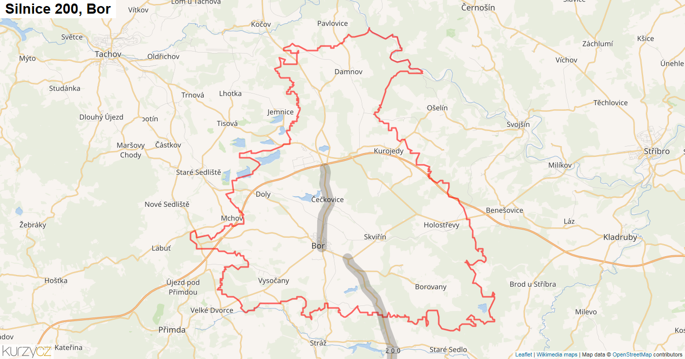 Bor, Silnice 200 - Mapa