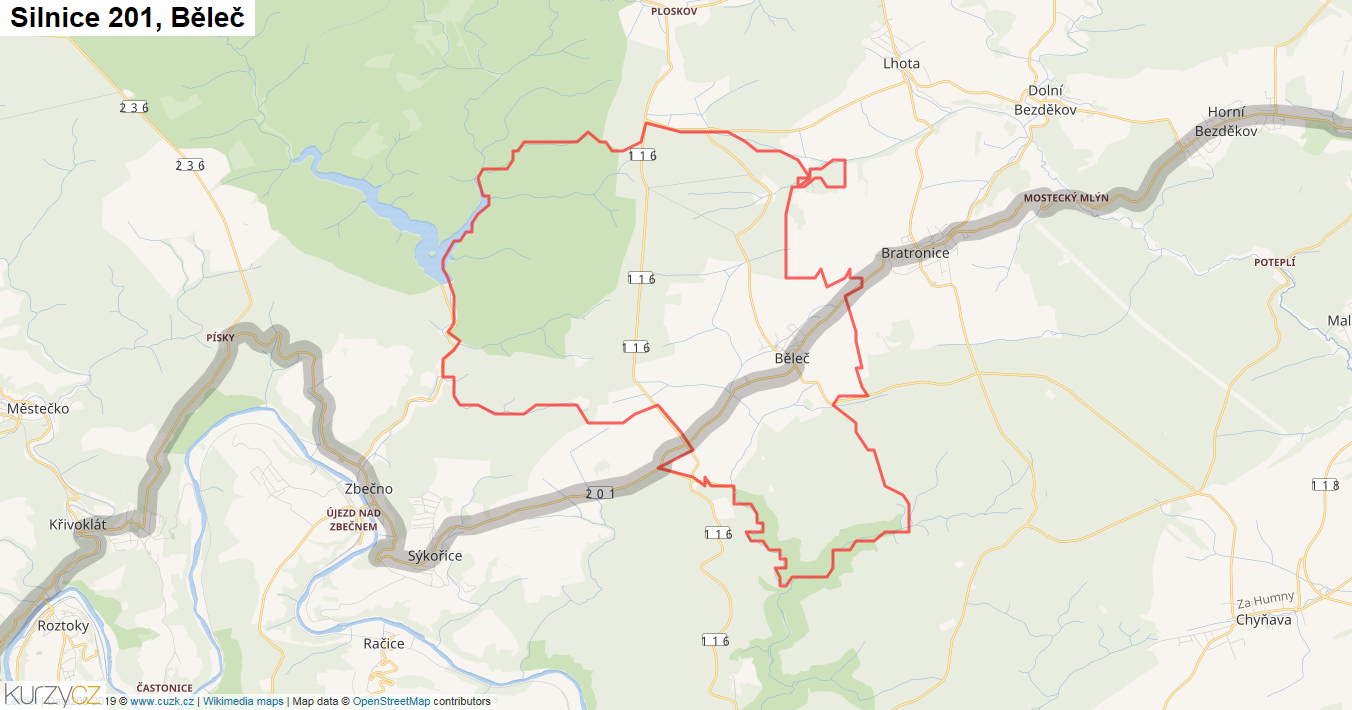 Běleč, Silnice 201 - Mapa