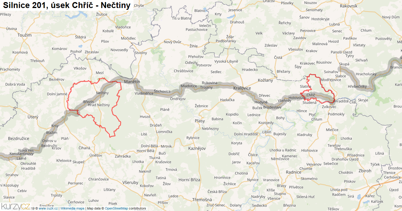 Úsek Chříč - Nečtiny, Silnice 201 - Mapa