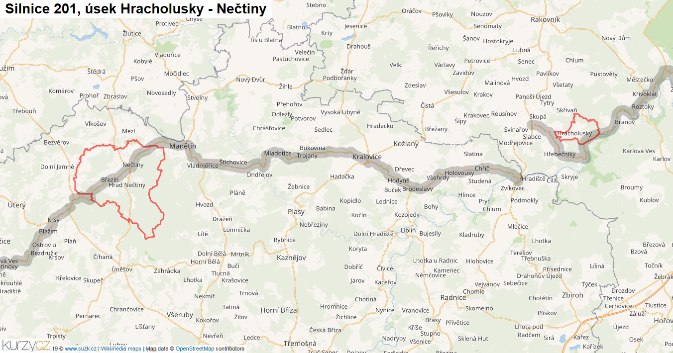 Úsek Hracholusky - Nečtiny, Silnice 201 - Mapa