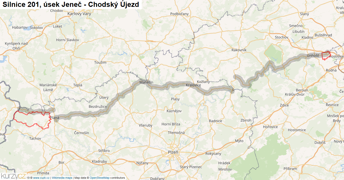 Úsek Jeneč - Chodský Újezd, Silnice 201 - Mapa