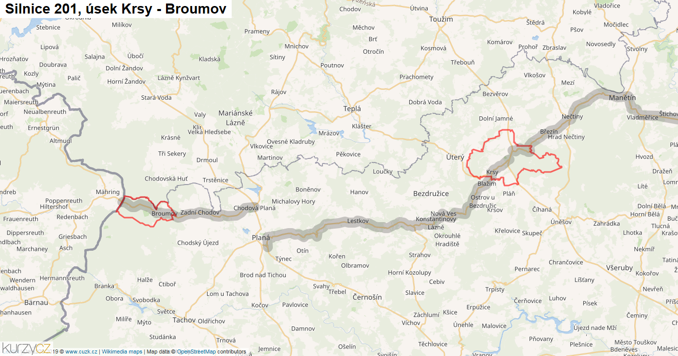 Úsek Krsy - Broumov, Silnice 201 - Mapa