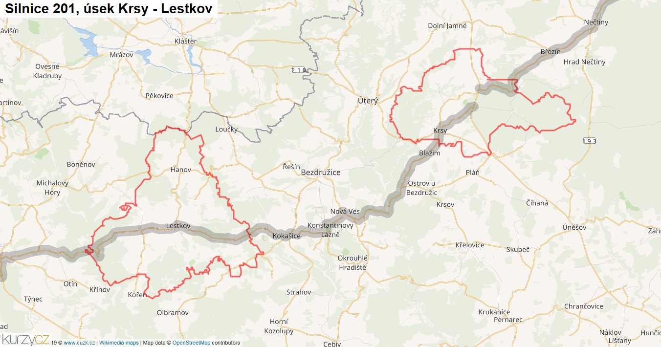 Úsek Krsy - Lestkov, Silnice 201 - Mapa