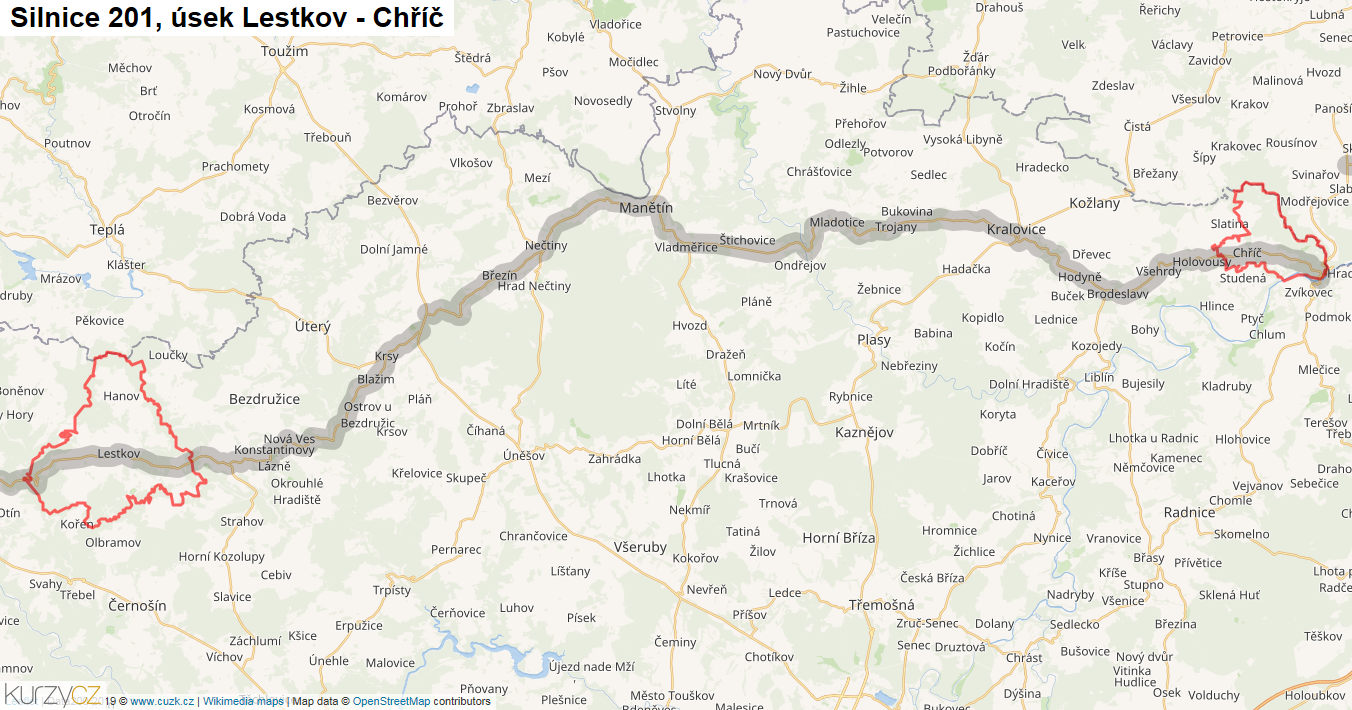 Úsek Lestkov - Chříč, Silnice 201 - Mapa