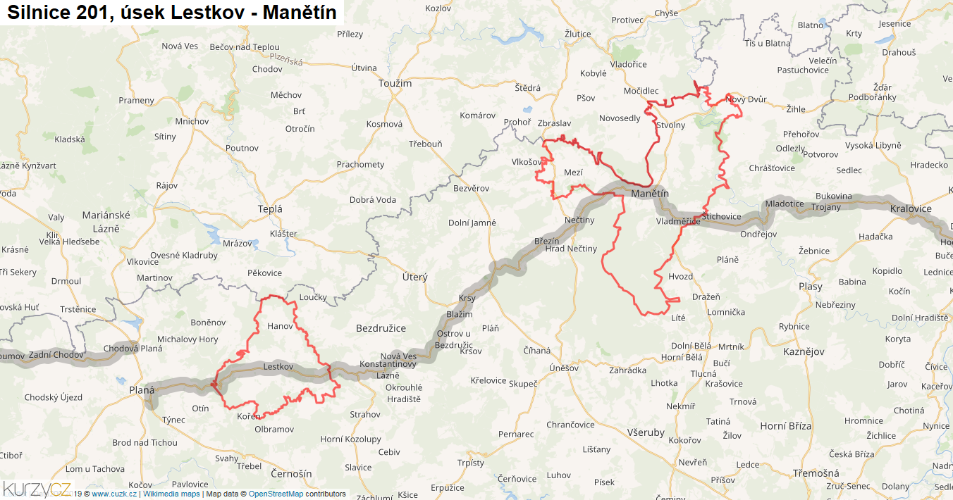 Úsek Lestkov - Manětín, Silnice 201 - Mapa