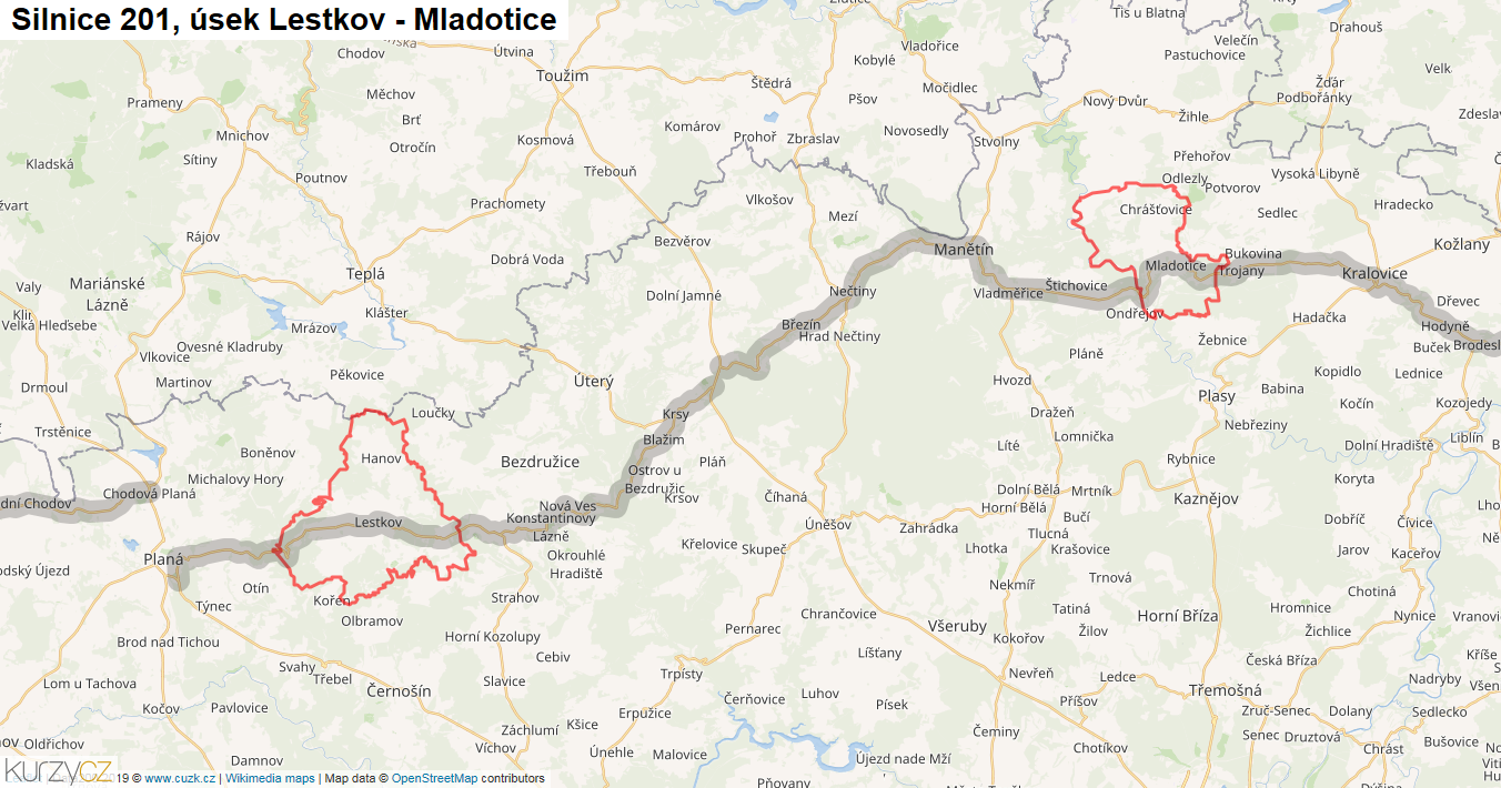 Úsek Lestkov - Mladotice, Silnice 201 - Mapa