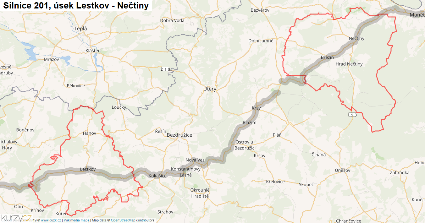 Úsek Lestkov - Nečtiny, Silnice 201 - Mapa