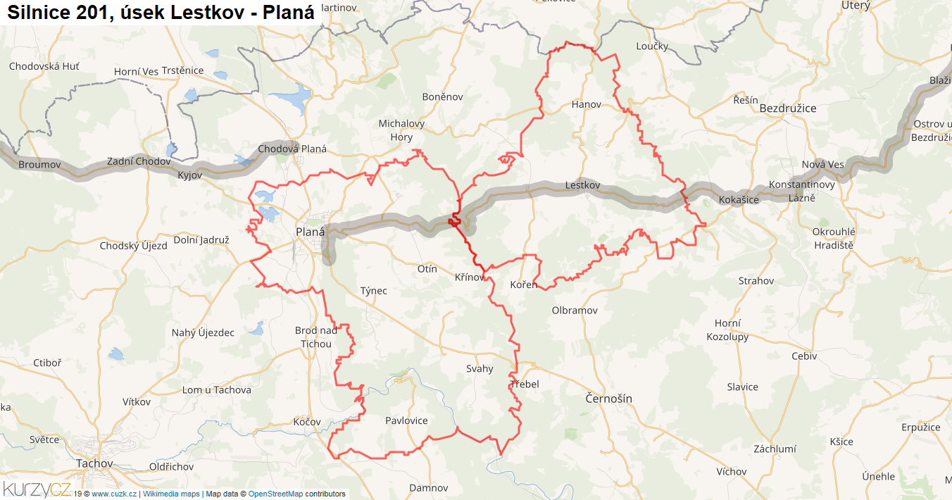 Úsek Lestkov - Planá, Silnice 201 - Mapa