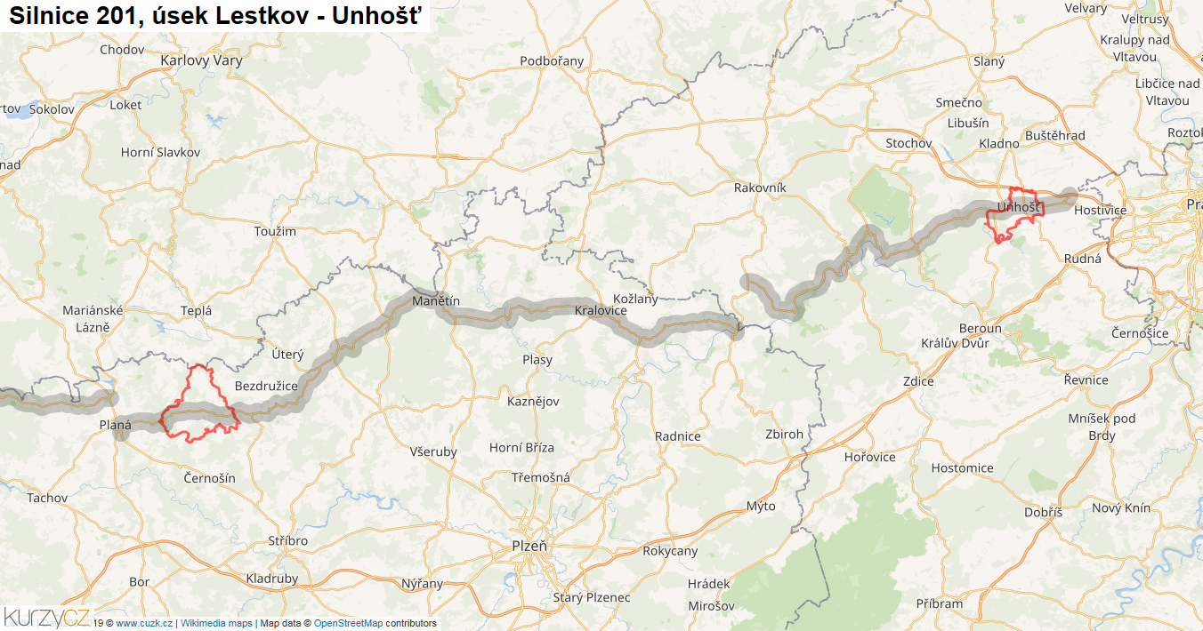 Úsek Lestkov - Unhošť, Silnice 201 - Mapa