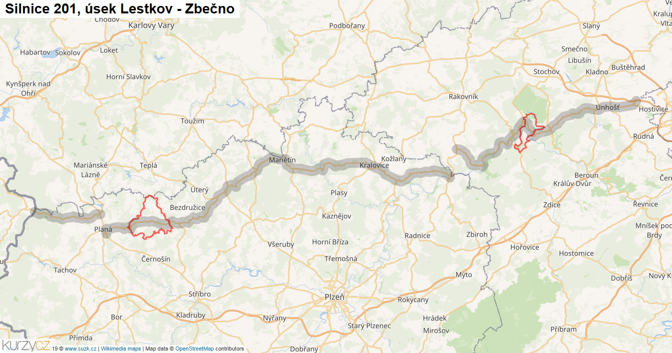 Úsek Lestkov - Zbečno, Silnice 201 - Mapa