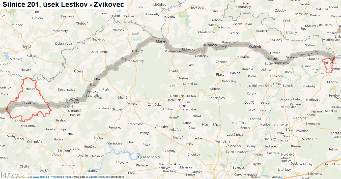 Úsek Lestkov - Zvíkovec, Silnice 201 - Mapa