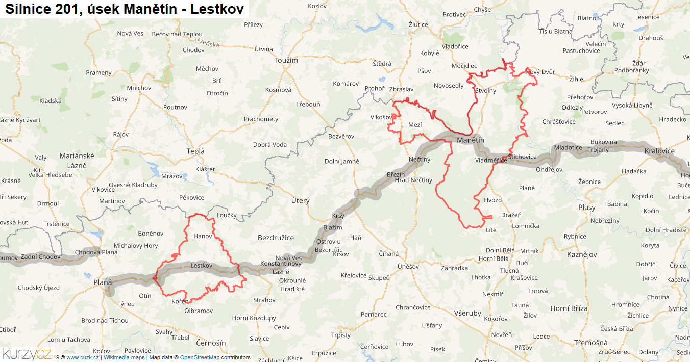 Úsek Manětín - Lestkov, Silnice 201 - Mapa