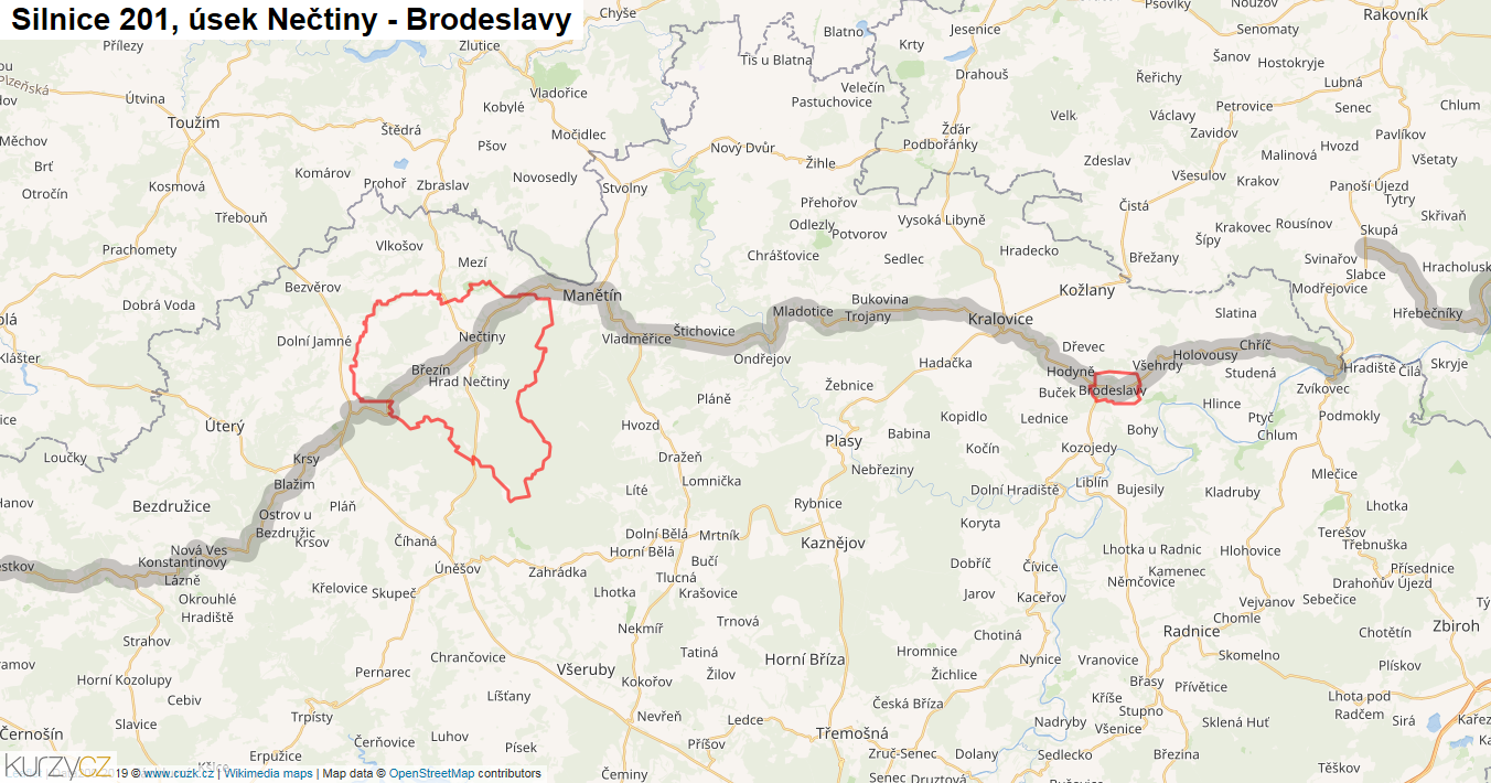 Úsek Nečtiny - Brodeslavy, Silnice 201 - Mapa