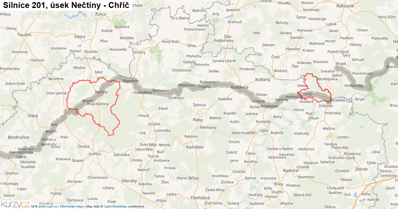 Úsek Nečtiny - Chříč, Silnice 201 - Mapa