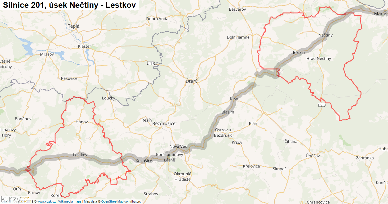 Úsek Nečtiny - Lestkov, Silnice 201 - Mapa
