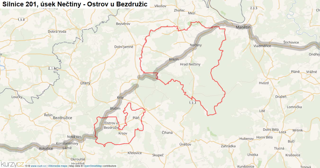 Úsek Nečtiny - Ostrov u Bezdružic, Silnice 201 - Mapa