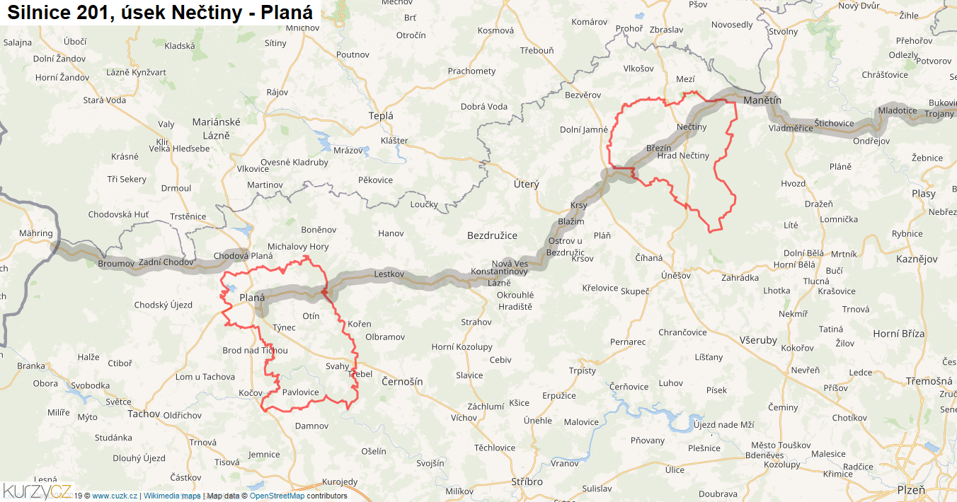 Úsek Nečtiny - Planá, Silnice 201 - Mapa