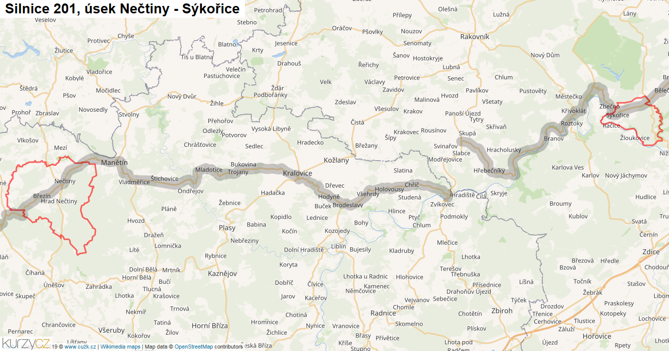 Úsek Nečtiny - Sýkořice, Silnice 201 - Mapa