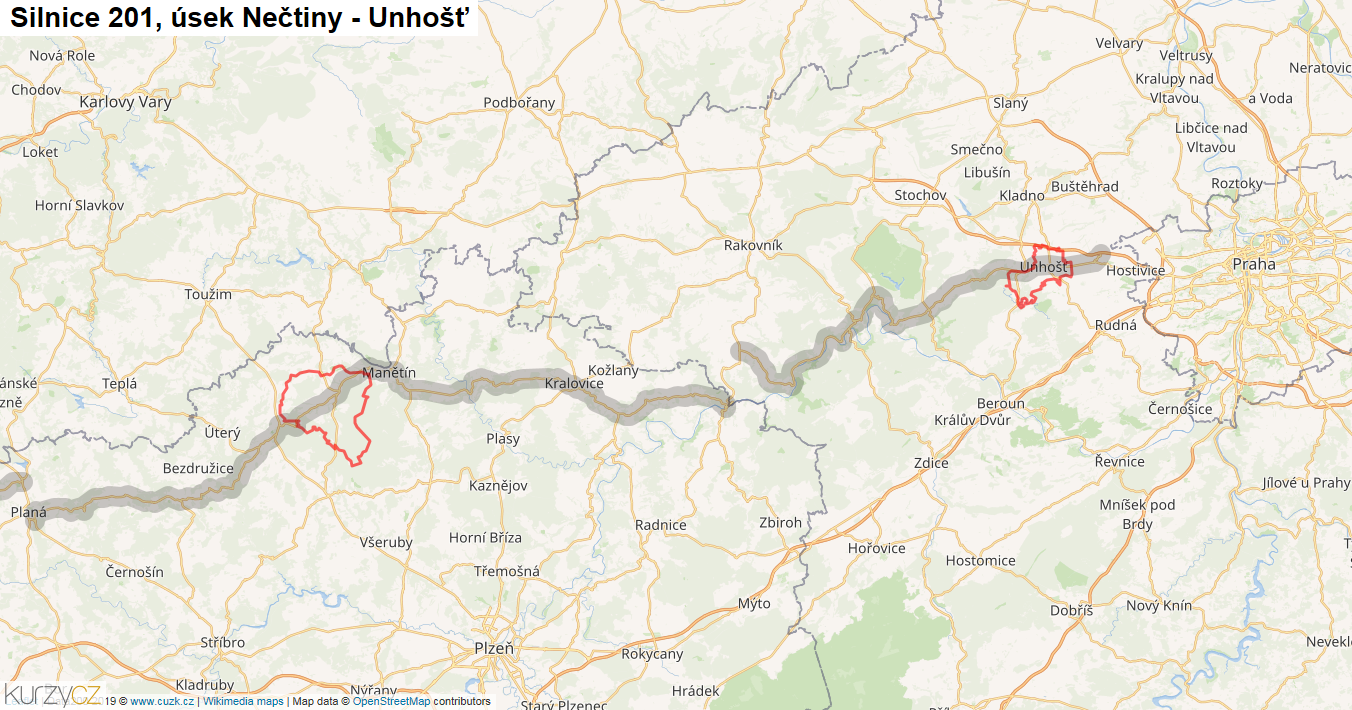 Úsek Nečtiny - Unhošť, Silnice 201 - Mapa