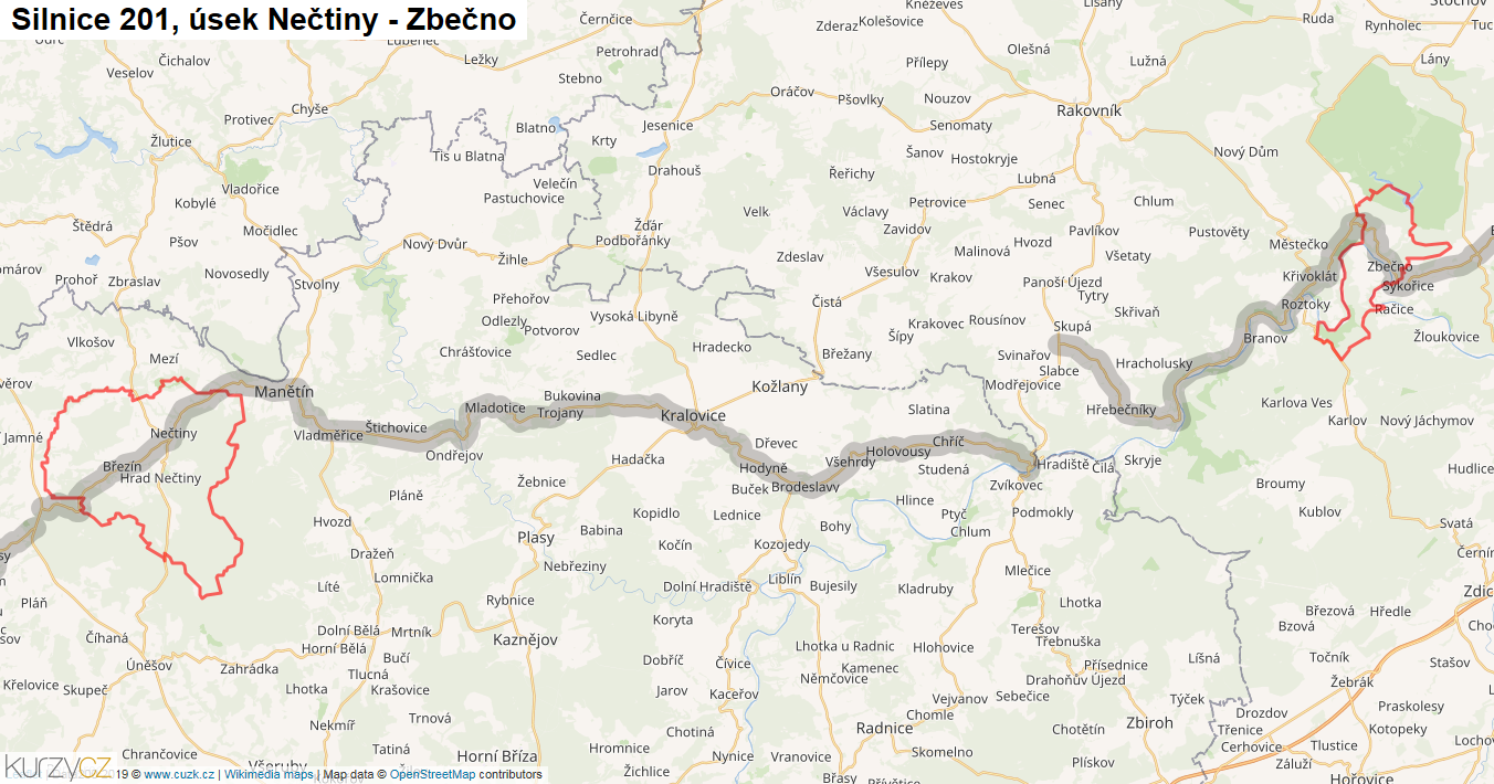 Úsek Nečtiny - Zbečno, Silnice 201 - Mapa