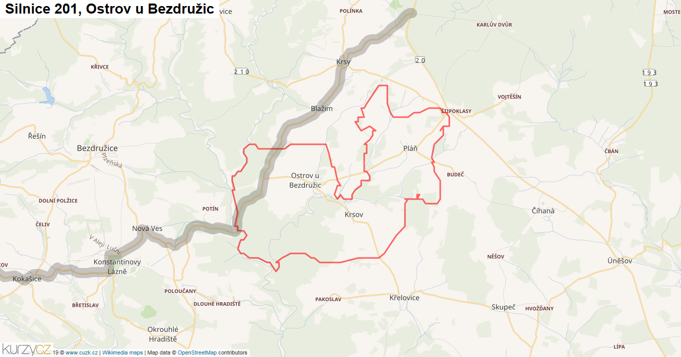 Ostrov u Bezdružic, Silnice 201 - Mapa