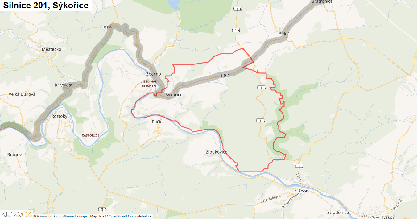 Sýkořice, Silnice 201 - Mapa