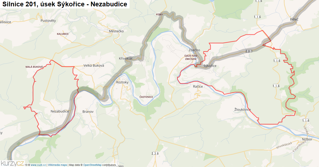 Úsek Sýkořice - Nezabudice, Silnice 201 - Mapa