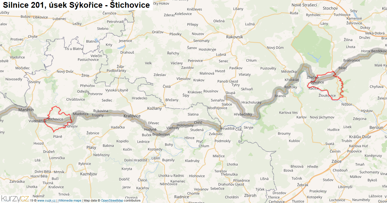 Úsek Sýkořice - Štichovice, Silnice 201 - Mapa