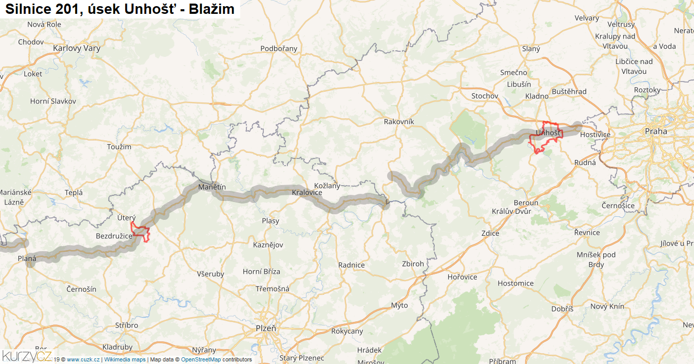 Úsek Unhošť - Blažim, Silnice 201 - Mapa