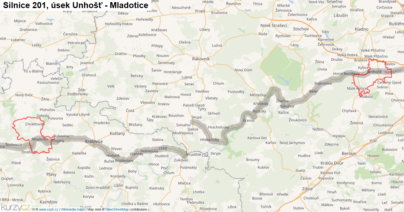Úsek Unhošť - Mladotice, Silnice 201 - Mapa