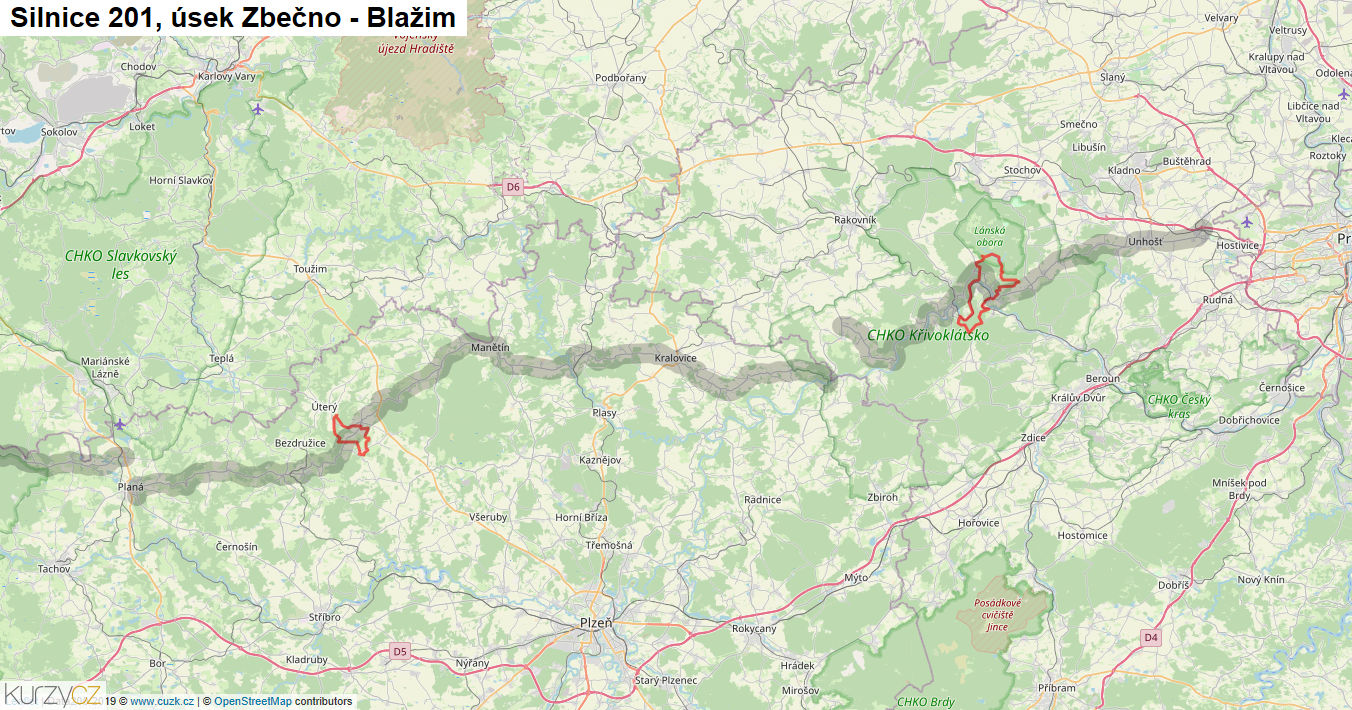 Úsek Zbečno - Blažim, Silnice 201 - Mapa