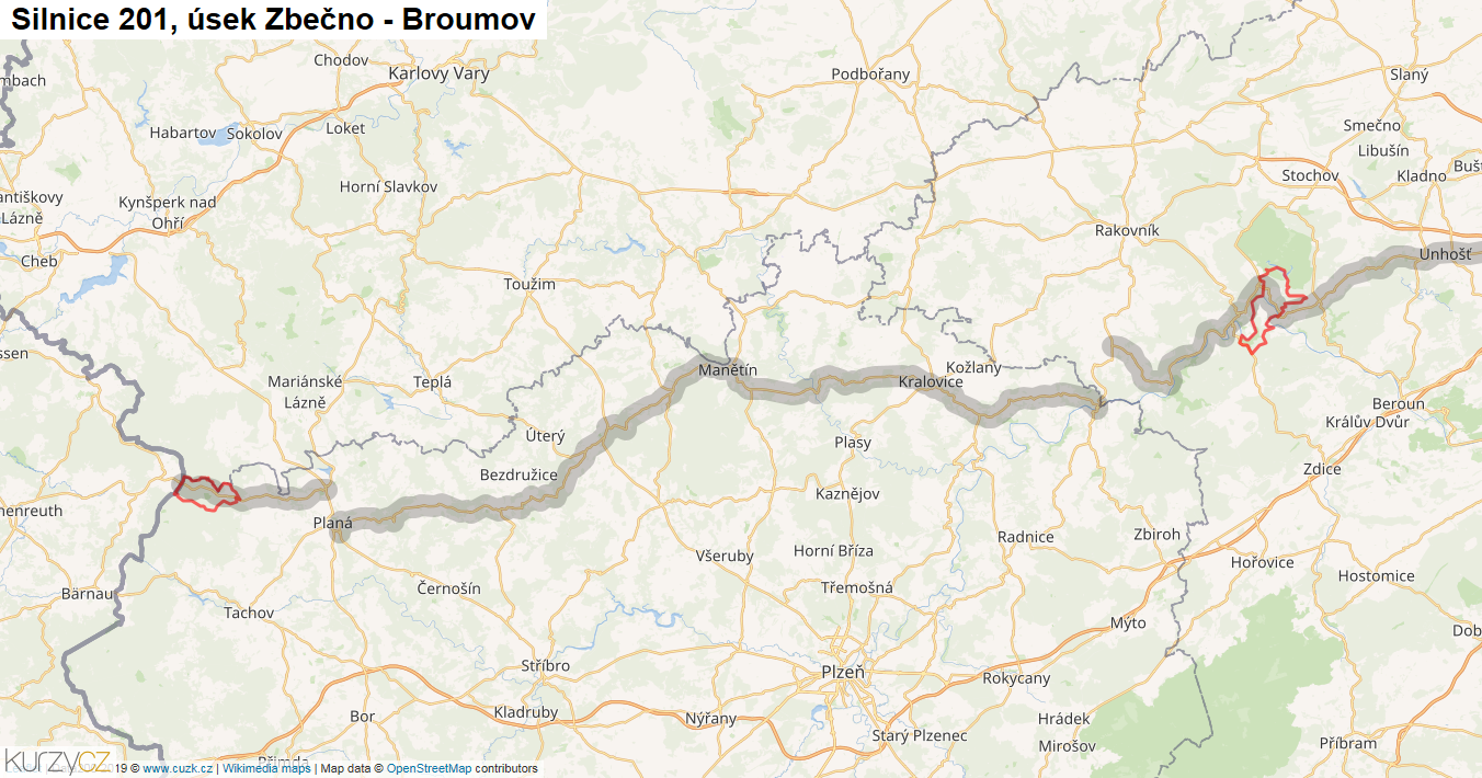 Úsek Zbečno - Broumov, Silnice 201 - Mapa